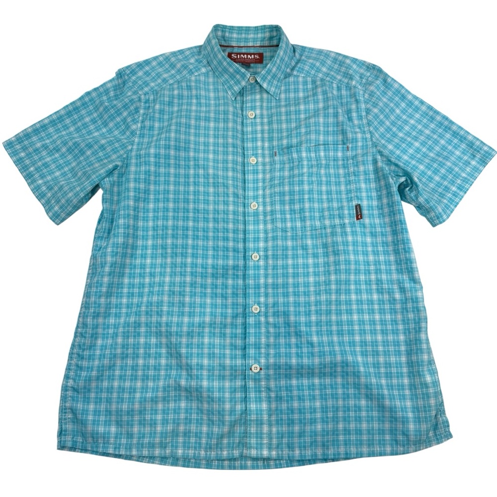 Simms Fishing Shirt Men’s Morada Large‎ Turquoise Plaid UPF Short Sleeve Beach